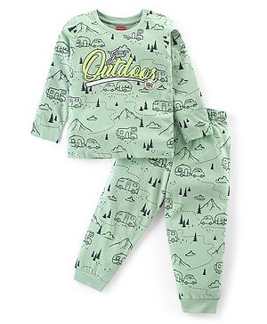 Babyhug Cotton Knit Full Sleeves Night Suit With Outdoor Camping Print - Green