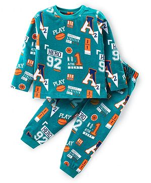Babyhug Cotton Knit Full Sleeves Night Suit Football Print- Green
