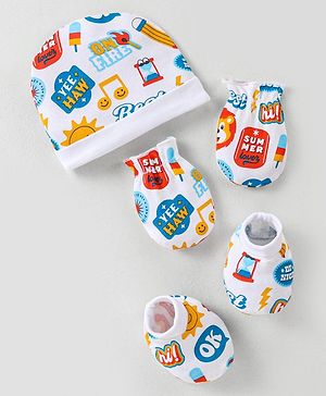 Babyhug 100% Cotton Interlock Knit Cap Mitten & Booties with Text   Print -White