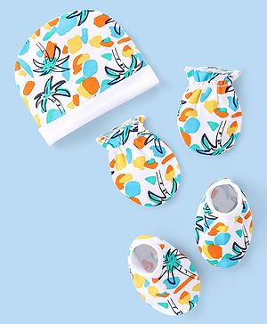 Babyhug 100% Cotton Knit Beach Printed Cap Mittens & Booties - Multicolor