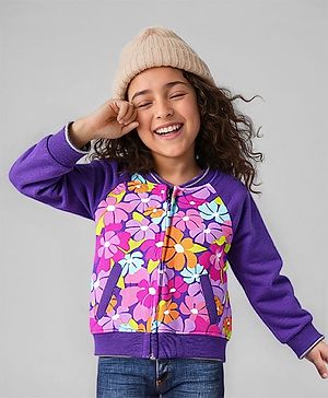 Babyhug Cotton Knit Full Raglan Sleeves Sweat Jacket With Floral Print - Purple