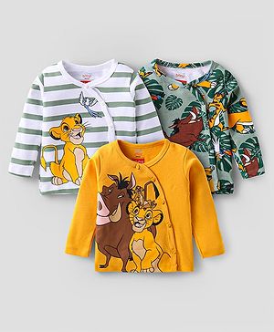 Babyhug Disney Interlock Knit Full Sleeves Jhablas with Lion King Graphics Pack of 3 - White  Olive & Yellow