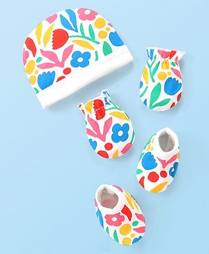 Babyhug 100% Cotton Knit Floral Printed Cap Mittens & Booties Set - Multicolour