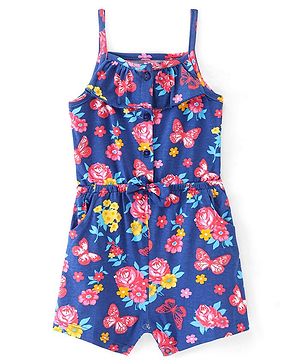 Babyhug Cotton Knit  Singlet Sleeves  Floral Printed Jumpsuits - Navy