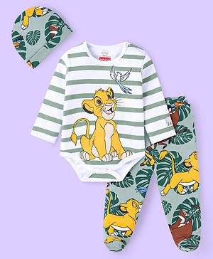 Babyhug Disney Interlock Knit Full Sleeves Striped The Lion King Printed Onesie with Footed Leggings & Cap - White & Grey