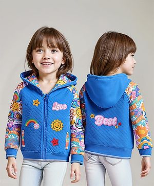 Babyhug Cotton Knit Full Sleeves Hooded Sweatjacket With Embroidery & Sun Print - Blue