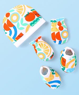 Babyhug Cotton Interlock Knit Cap Mittens & Booties Set Fruits Print - Multicolor