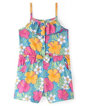 Babyhug Cotton Knit Singlet Sleeves Floral Printed Jumpsuit - Blue & Pink