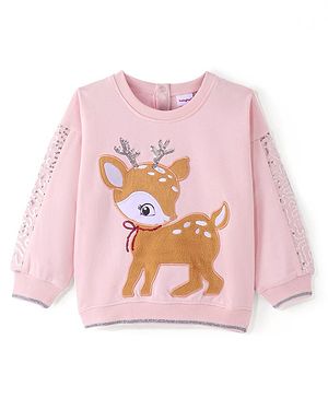 Babyhug Cotton Knit Full Sleeves Sweatshirt with Deer Print - Pink