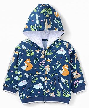Babyhug Cotton Knit Full Sleeves Hooded Sweatjacket with Kangaroo Pockets Floral & Animal Print - Navy Blue