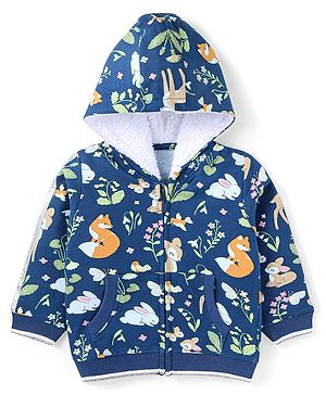 Babyhug Cotton Knit Full Sleeves Hooded Sweatjacket with Kangaroo Pockets Floral & Animal Print - Navy Blue