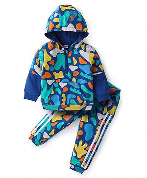 Babyhug Cotton Knit Full Sleeves Hooded Front Zipper T-Shirt & Lounge Pants Co-Ord Set With Abstract Print - Multicolor