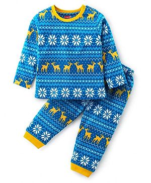 Babyhug Cotton Knit Full Sleeves Night Suit With Intarsia Print - Blue