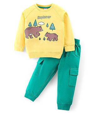 Babyhug Cotton Knit Full Sleeves T-Shirt & Lounge Pants Set With Bears Print - Yellow & Green
