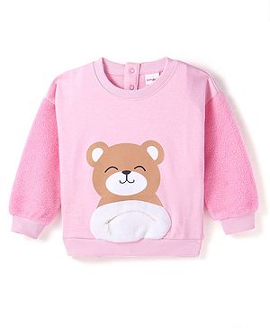 Babyhug Knit Full Drop Shoulder Sleeves Sweatshirt with 3D Bear Graphics - Pink
