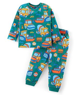 Babyhug Cotton Knit Full Sleeves Night Suit With Construction Vehicles - Green