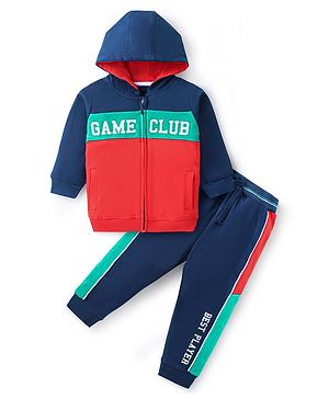 Babyhug Cotton Knit Full Sleeves Hooded Front Zipper Color Block T-Shirt & Lounge Pants Set With Text Print - Navy & Red