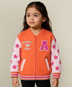 Babyhug Cotton Knit Full Sleeves Drop Shoulder Bomber Jacket with Star Print & Embroidery - White & Orange