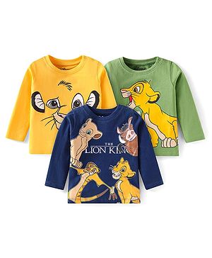 Babyhug Disney Single Jersey Knit Full Sleeves T-Shirts with Lion King Graphics Pack of 3 - Green Yellow & Blue
