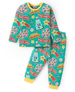 Babyhug Cotton Knit Full Sleeves Night Suit Christmas Theme -Green
