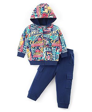 Babyhug Terry Knit Full Sleeves Hooded Sweatshirt & Joggers Set Text Print - Multicolour