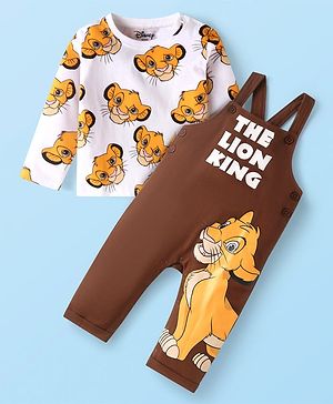 Babyhug Disney Single Jersey Knit Dungaree & Full Sleeves T-Shirt With Lion King Graphics - Brown & White