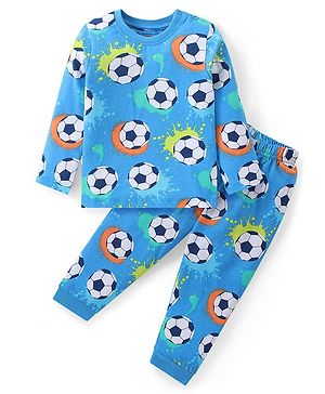 Babyhug Cotton Knit Full Sleeves Football Printed Night Suit - Blue