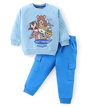 Babyhug Cotton Knit Full Sleeves T-Shirt & Lounge Pants Set With Animals Print - Blue