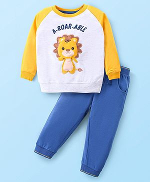 Babyhug Cotton Knit Raglan Sleeves T-Shirt & Lounge Pants Set With Lion Applique - White Yellow & Navy