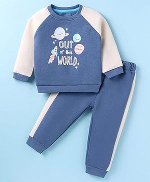 ToffyHouse 100% Cotton Knit Full Raglan Sleeves Winter Wear Sweatshirt & Joggers Set with Text & Space Theme Print - Blue