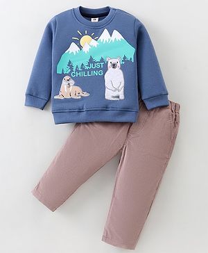 ToffyHouse 100% Cotton Fleece Knit Full Sleeves T-Shirt & Corduroy Pants Winter Wear Set With Snow Animals Print - Blue & Beige