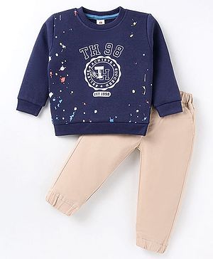 ToffyHouse 100% Cotton Knit Full Sleeves Text Printed Winter Wear Sweatshirt & Joggers Set - Navy Blue