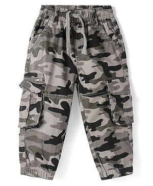 Babyhug Cotton Lycra Woven Full Length Camouflage Printed Trouser with Cargo Pockets - Olive Green
