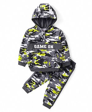 Babyhug Cotton Knit Full Sleeves Hooded T-Shirt With Kangaroo Pockets & Lounge Pants Set Camouflage Print - Multicolor