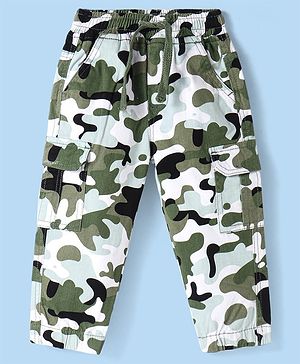 Babyhug Cotton Lycra Woven Full Length Camouflage Printed Trouser - Olive Green