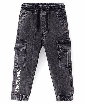 Babyhug Denim Washed Full Length Text Printed Joggers with Stretch - Black