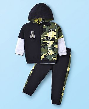 Babyhug Cotton Knit Full Sleeves Hooded T-Shirt & Lounge Pants Set With Text & Camouflage Print - Black & Olive Green