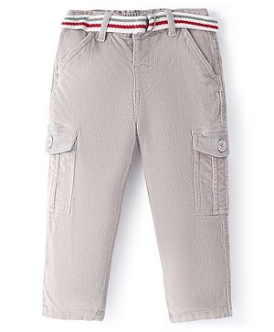 Babyhug Cotton Lycra Woven Full Length Corduroy Pants Solid Color with Belt- Light Grey