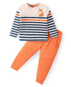 Babyhug Cotton Knit Full Sleeves Striped T-Shirt & Lounge Pants Set With Fox Applique - Orange