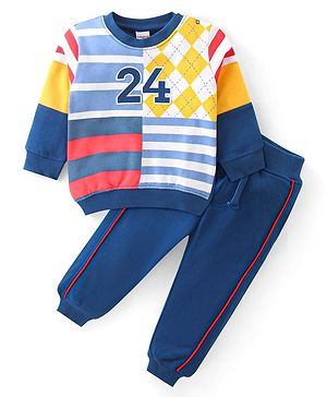 Babyhug Cotton Knit Full Sleeves Striped T-Shirt & Lounge Pants Set With Number Print - Navy Blue