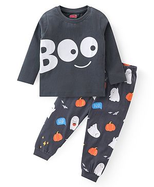 Babyhug Cotton Knit Full Sleeve Night Suit with Halloween Theme Print - Navy Blue