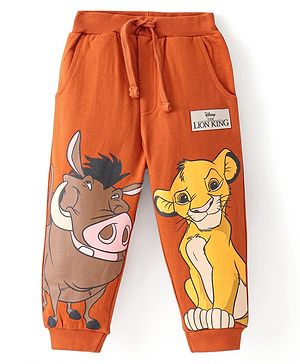 Babyhug Disney Terry Knit Track Pants with Simba & Friends Graphics and Badge Detailing - Orange
