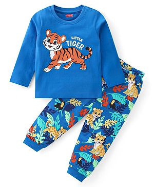 Babyhug Cotton Knit Full Sleeve Night Suit with Animals Print - Blue