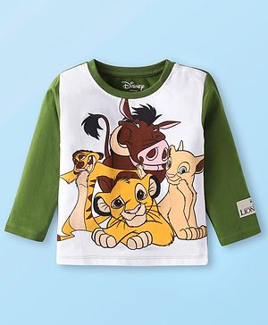 Babyhug Disney Single Jersey Knit Full Sleeves T-Shirt with Simba & Friends Graphics Badge Detailing - Green & White