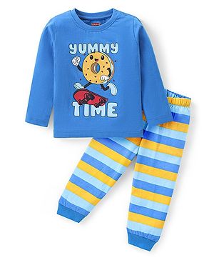 Babyhug Cotton Knit Full Sleeves Night Suit Skaters Print - Blue