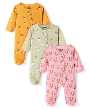 Bonfino 100% Cotton Knit Full Sleeves Floral & Animal Printed Sleep Suits Pack of 3 - Yellow Grey & Pink