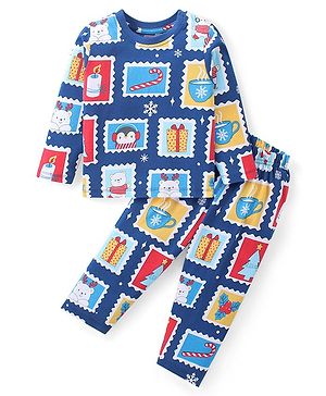 Babyhug Cotton Knit Full Sleeves Night Suit with Stamp Print - Navy Blue