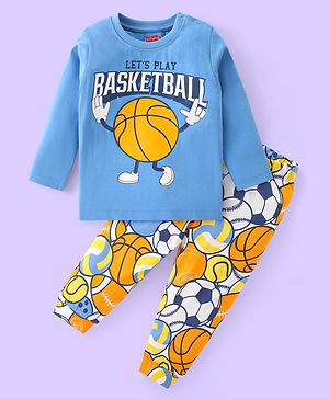 Babyhug Cotton Knit Full Sleeves Night Suit With Basketball Print - Blue