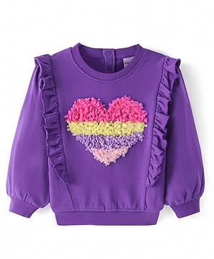 Babyhug Cotton Knit Full Sleeves Solid Coloured Sweatshirt with Heart Embroidery & Frill Detailing - Purple