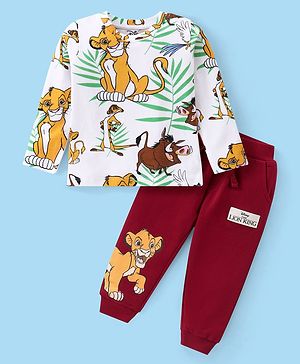 Babyhug Disney Cotton Knit Full Sleeves T-Shirt & Lounge Pants Set With Lion King Graphics & Badge Detailing - White & Dark Red